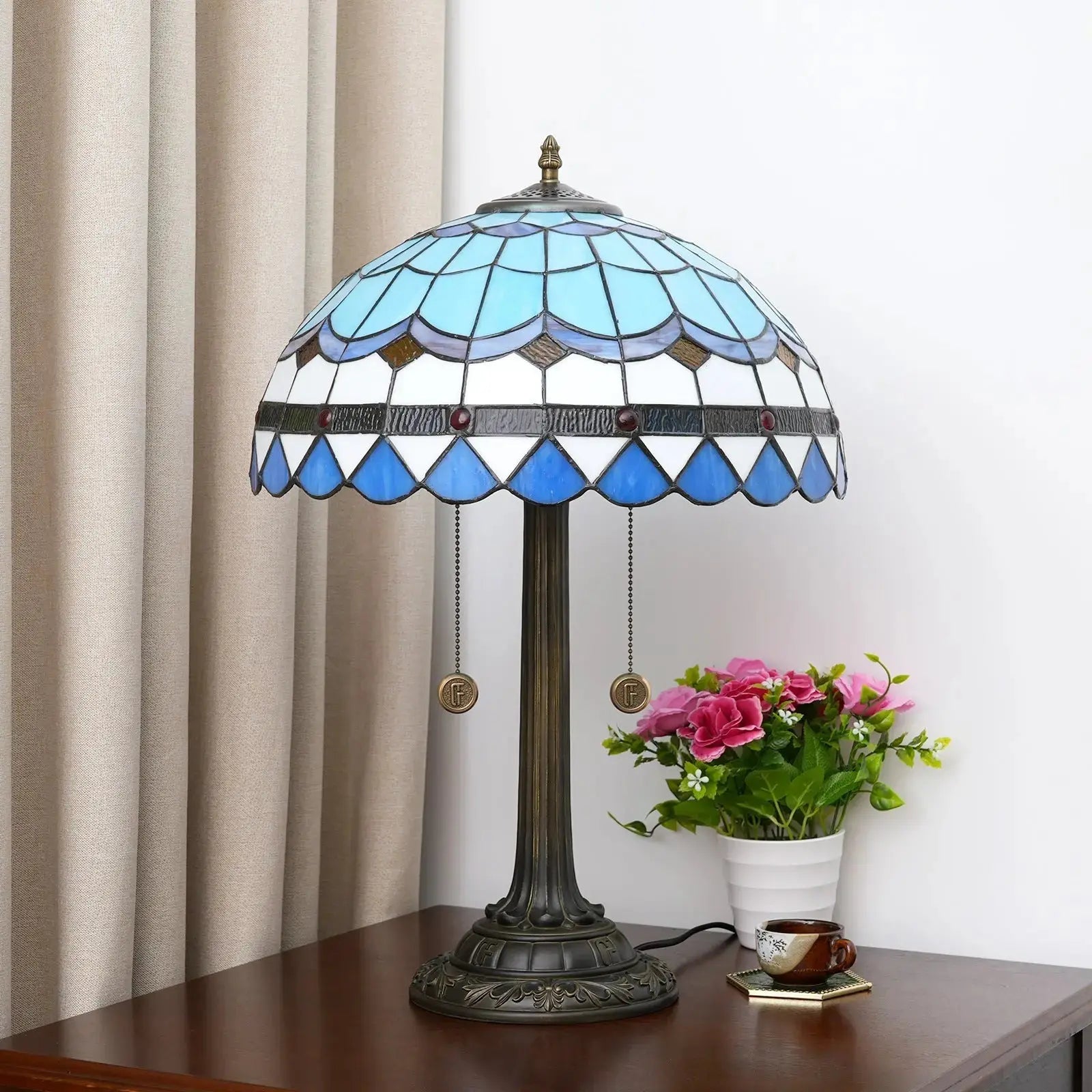 16inch Blue Tiffany Table Lamp Stained Glass Lampshade Bar Bedroom Bedside Light Classical Tiffany Lamp