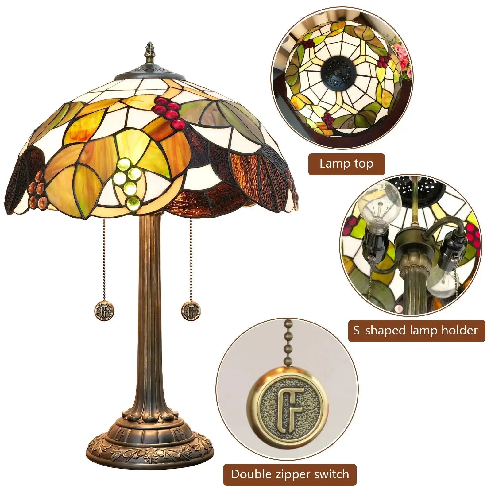 16inch Stained Glass Brown Grapes Lampshade Bedside Light Antique Tiffany Table Lamps Classical Tiffany Lamp