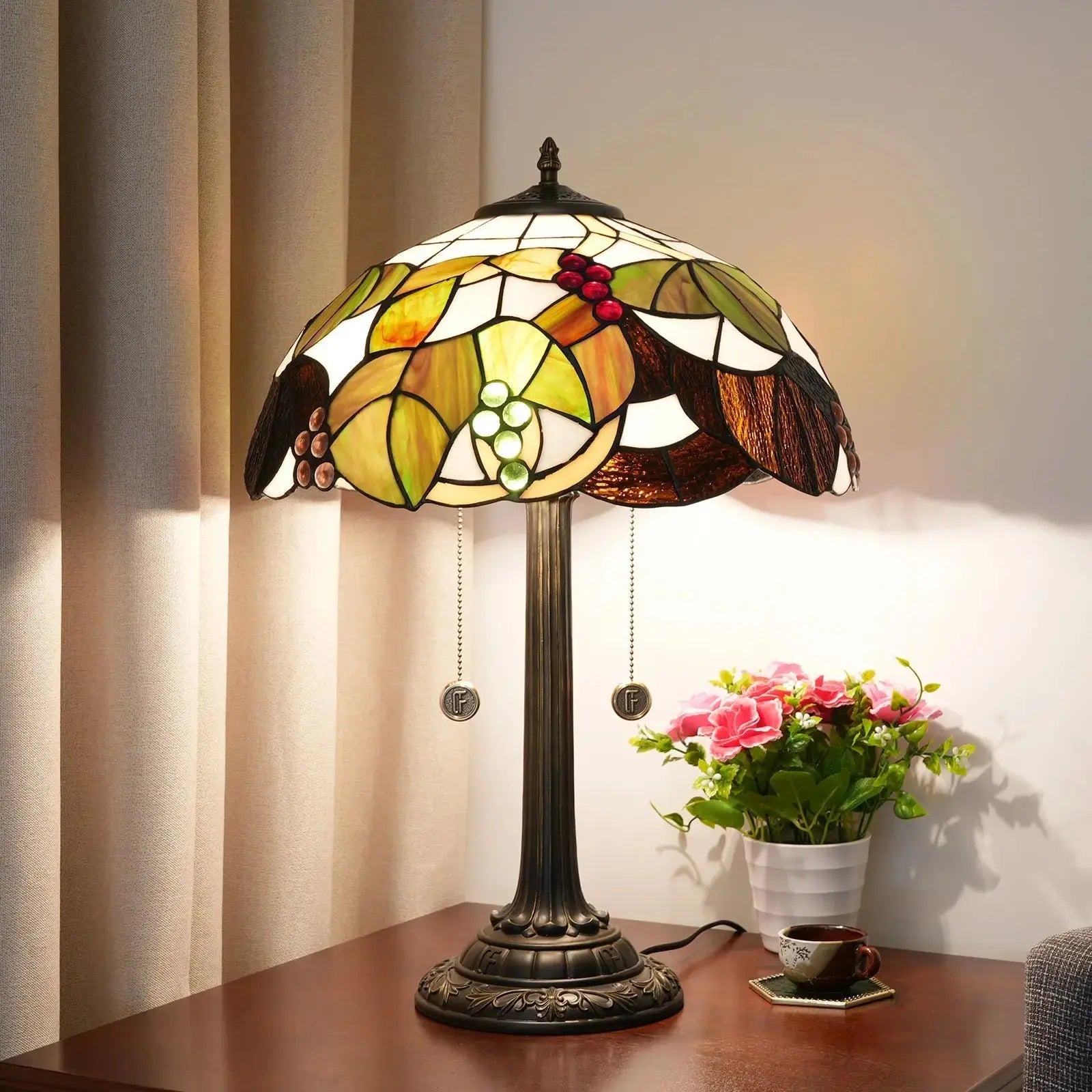 16inch Stained Glass Brown Grapes Lampshade Bedside Light Antique Tiffany Table Lamps Classical Tiffany Lamp