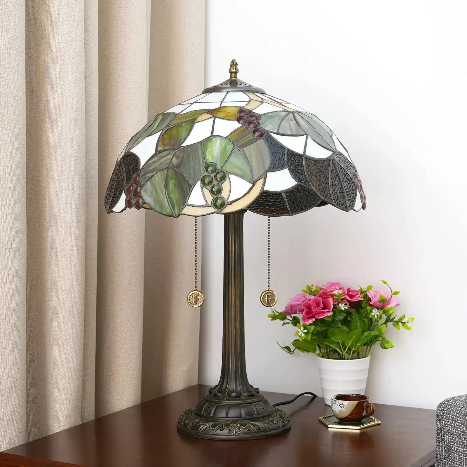 16inch Stained Glass Brown Grapes Lampshade Bedside Light Antique Tiffany Table Lamps Classical Tiffany Lamp