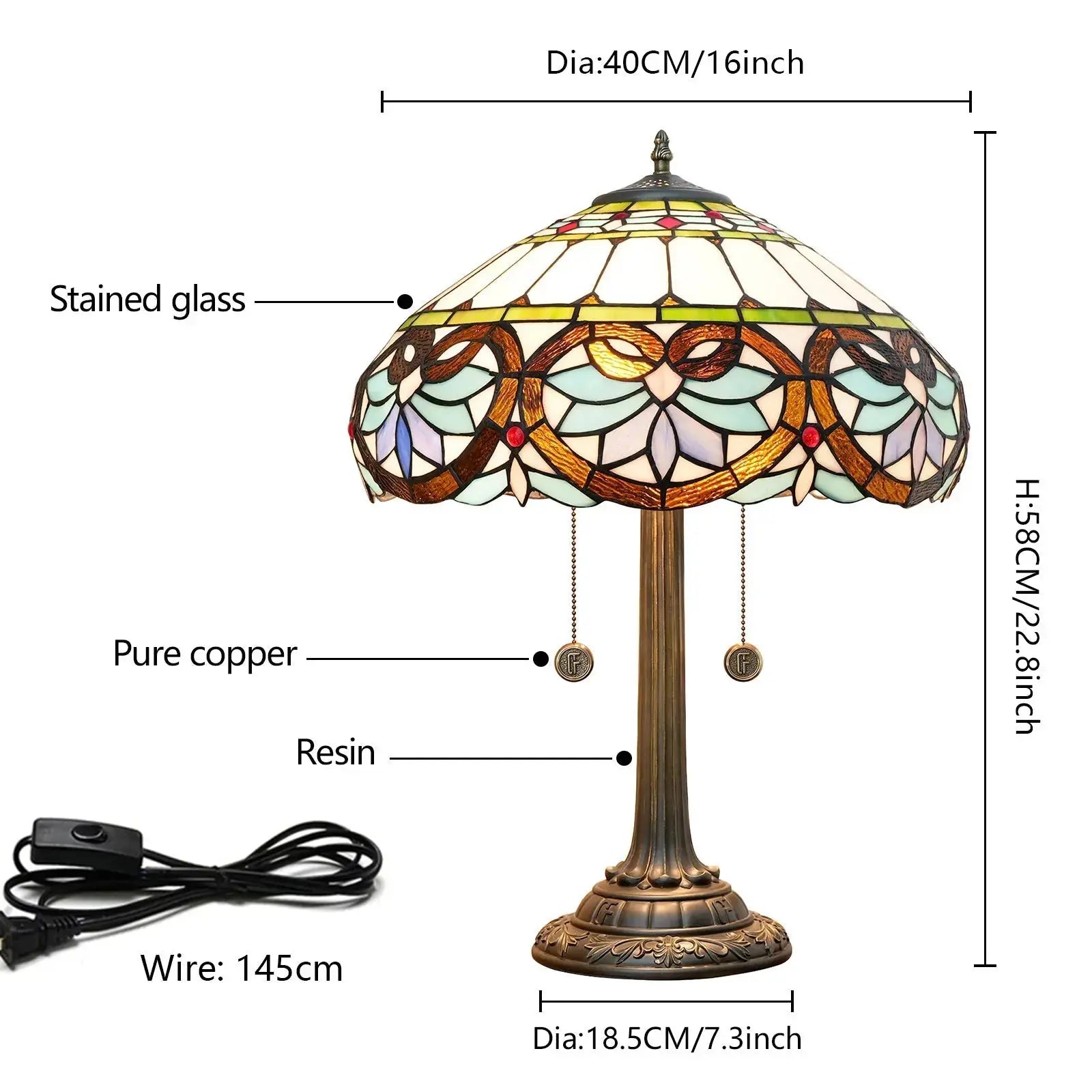 16inch Stained Glass Blue Heart Tiffany Desk Lamps Bedside Light Classical Tiffany Lamp