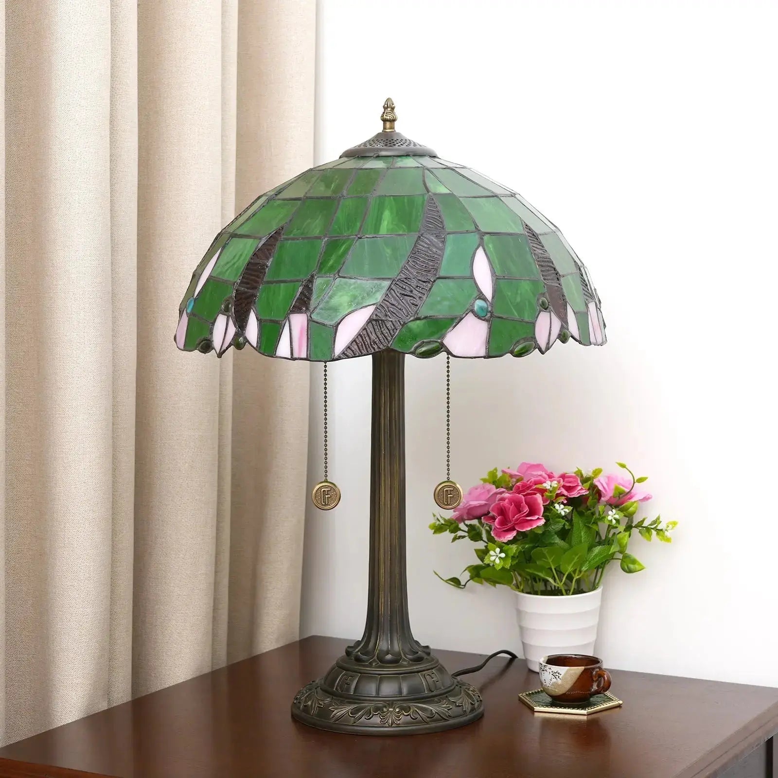 16inch Stained Glass Green Beads Bedside Light Tiffany Desk Lamps Classical Tiffany Lamp