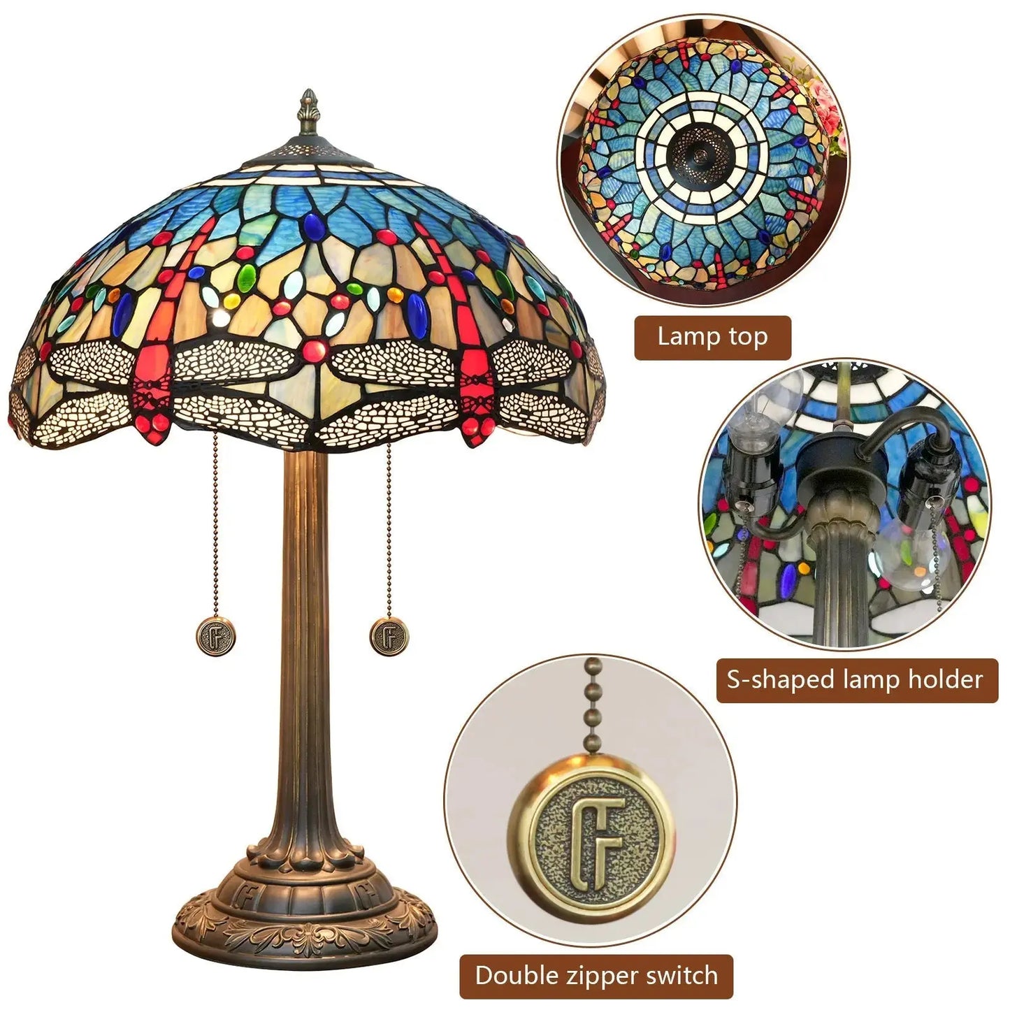 16inch Stained Glass Lampshade Blue Dragonfly Tiffany Lamp Vintage Desk Light Classical Tiffany Lamp