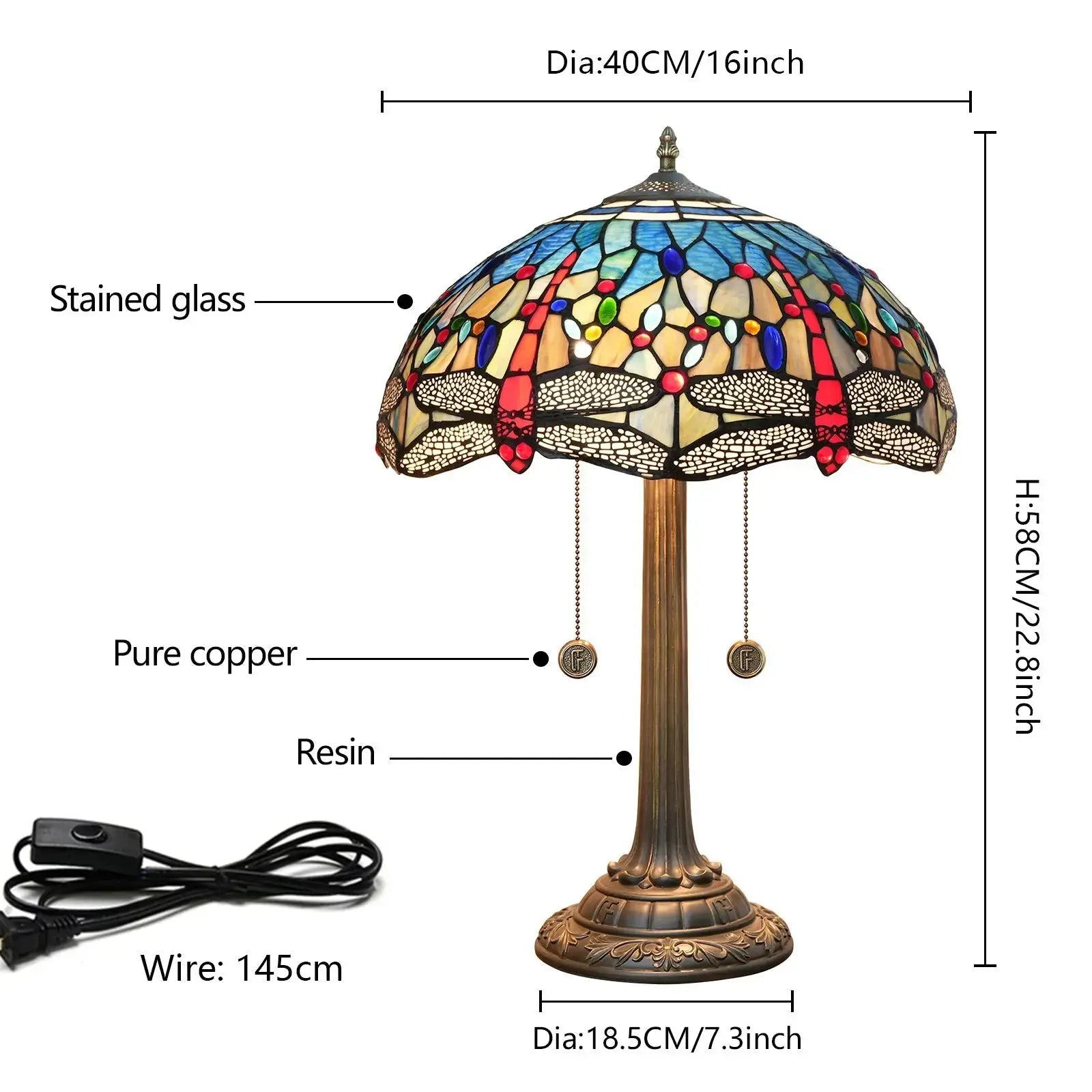 16inch Stained Glass Lampshade Blue Dragonfly Tiffany Lamp Vintage Desk Light Classical Tiffany Lamp