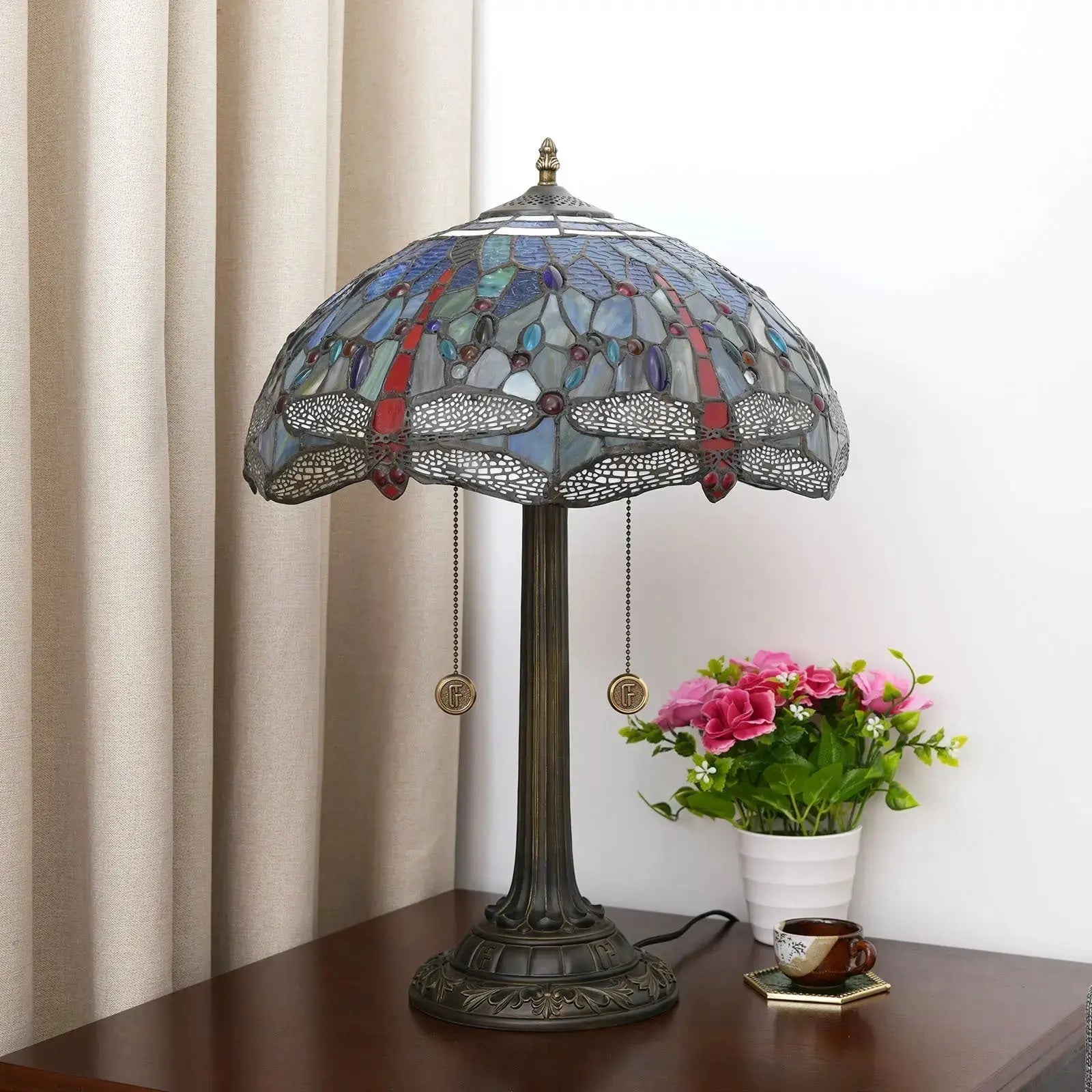 16inch Stained Glass Lampshade Blue Dragonfly Tiffany Lamp Vintage Desk Light Classical Tiffany Lamp