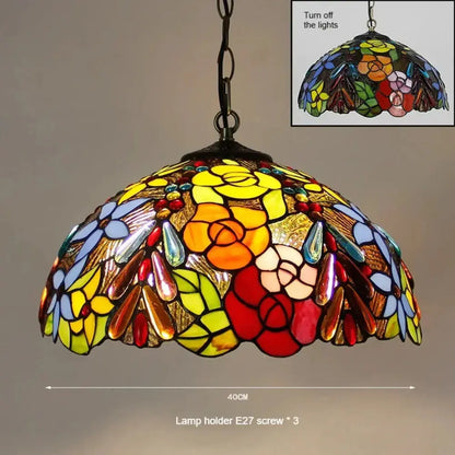 16inch Stained Glass Pastoral Rose Floral Tiffany Style Pendant Light Classical Tiffany Lamp