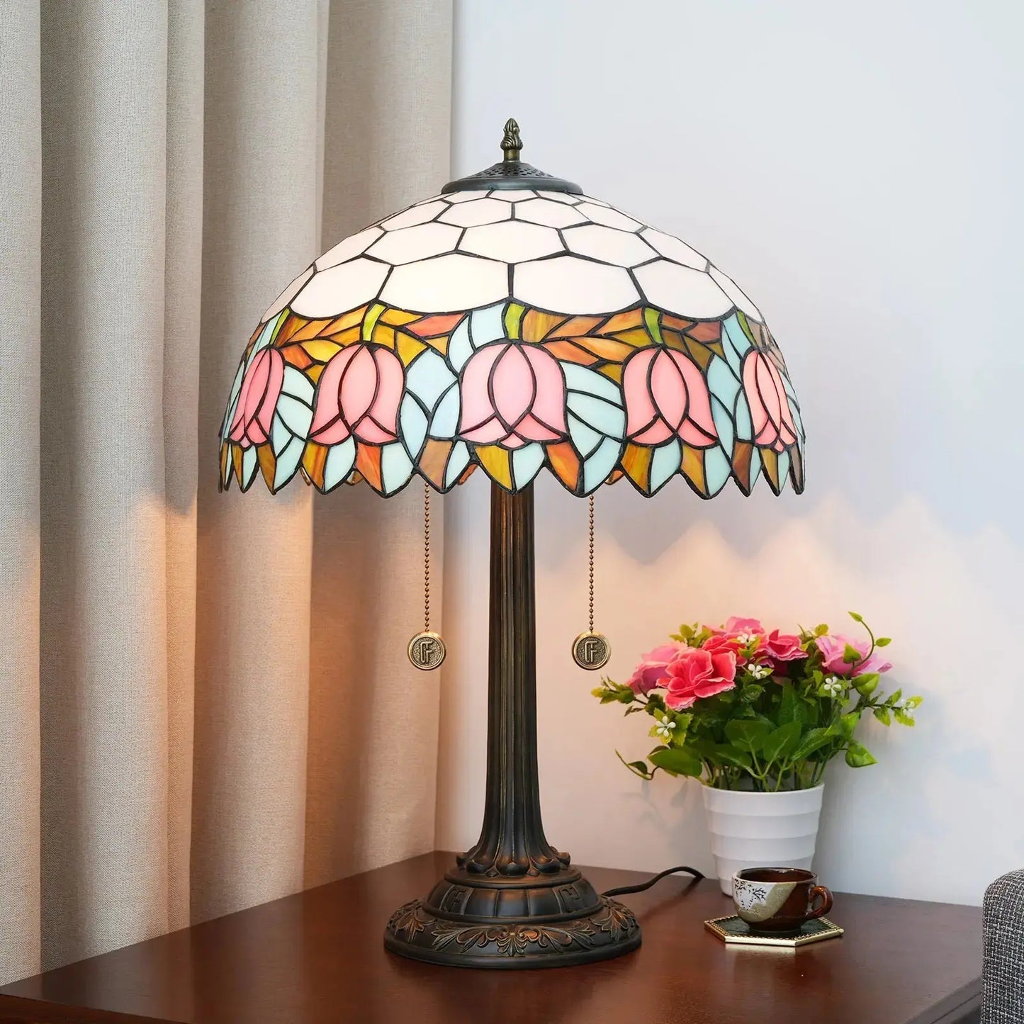 16inch Stained Glass Pink Tulip Bedside Light Tiffany Desk Lamps Classical Tiffany Lamp