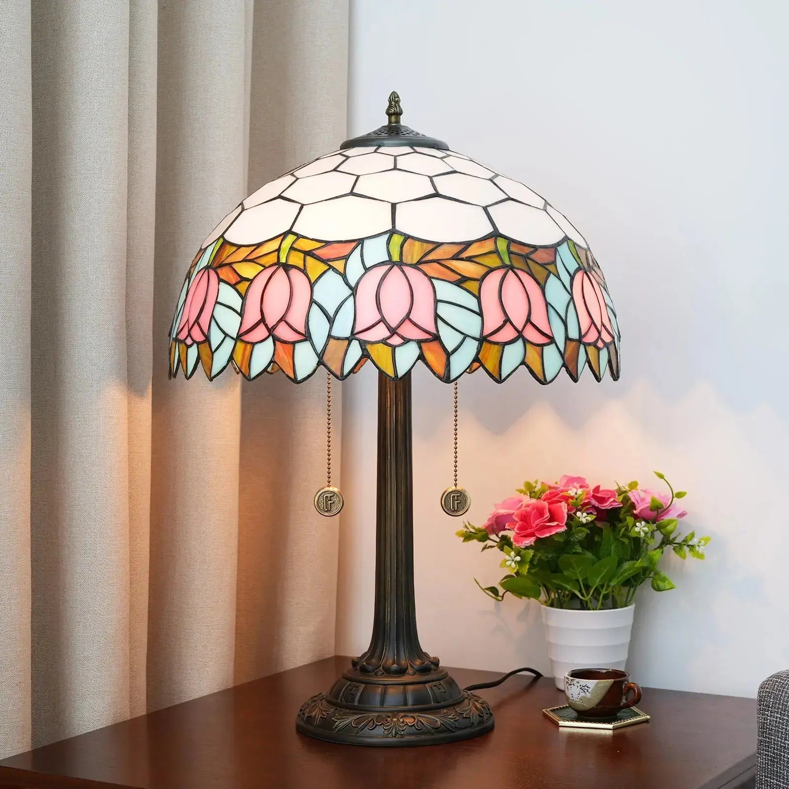 16inch Stained Glass Pink Tulip Bedside Light Tiffany Desk Lamps Classical Tiffany Lamp