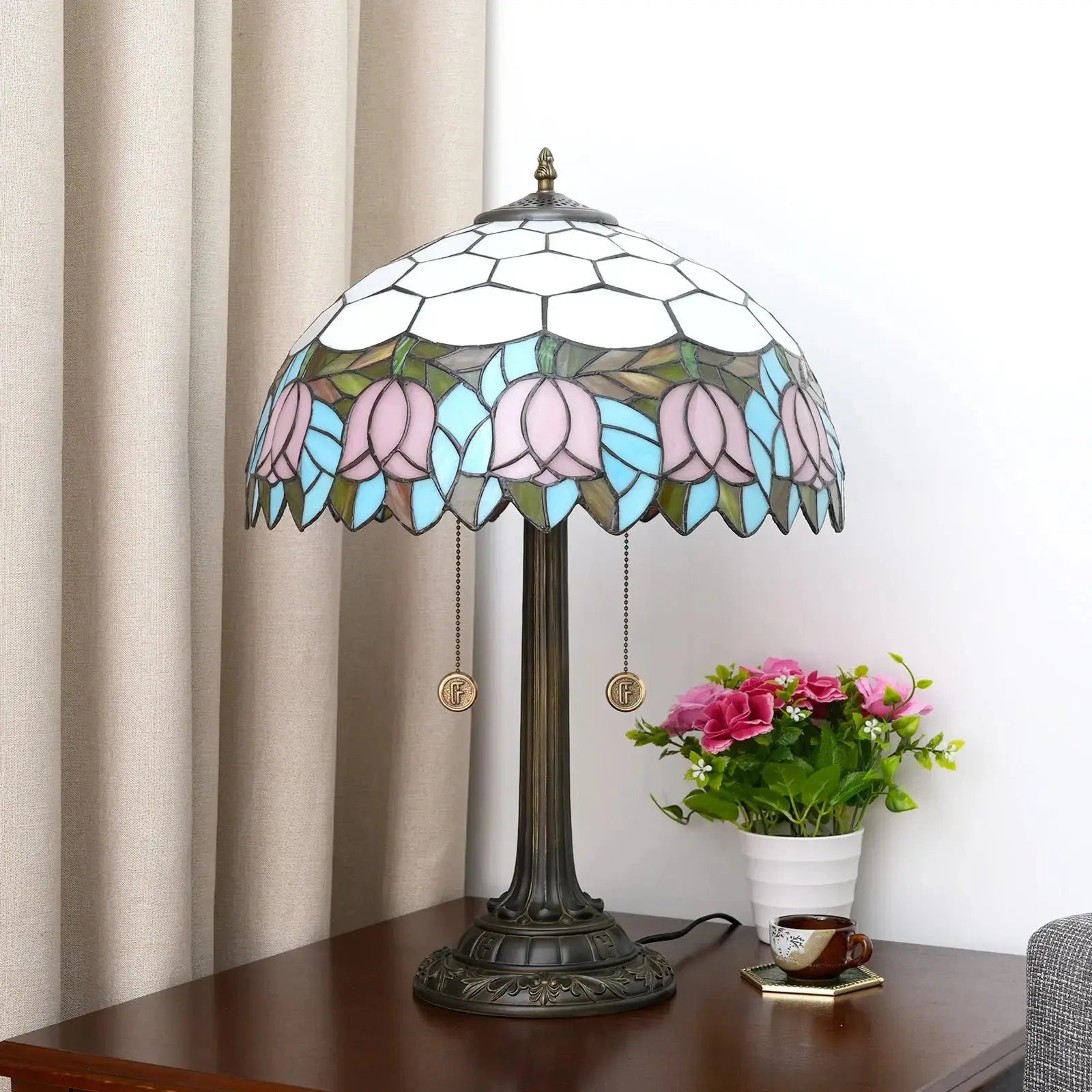 16inch Stained Glass Pink Tulip Bedside Light Tiffany Desk Lamps Classical Tiffany Lamp