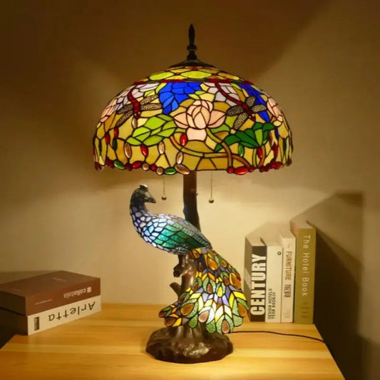 18inch 46cm Retro Peacock Base Handmade Large Dragonfly Lotus Tiffany Table Lamp Classical Tiffany Lamp