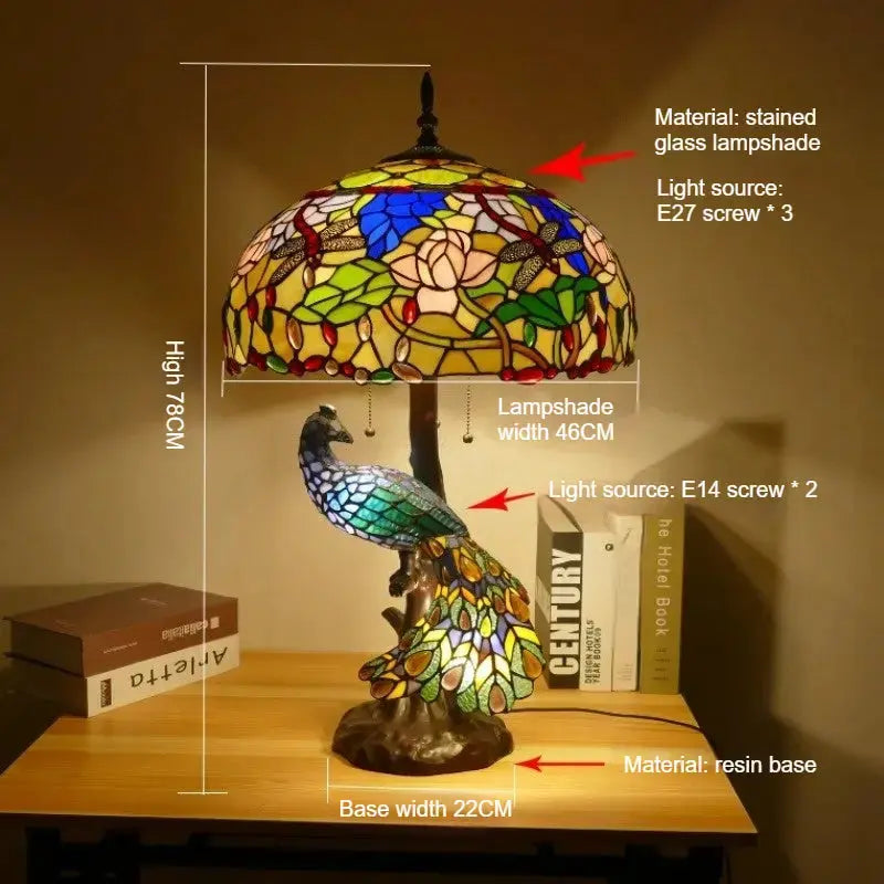 18inch 46cm Retro Peacock Base Handmade Large Dragonfly Lotus Tiffany Table Lamp Classical Tiffany Lamp