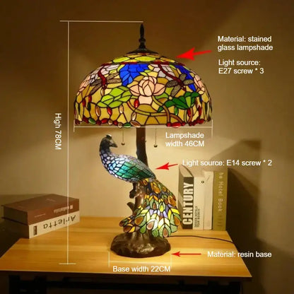 18inch 46cm Retro Peacock Base Handmade Large Dragonfly Lotus Tiffany Table Lamp Classical Tiffany Lamp