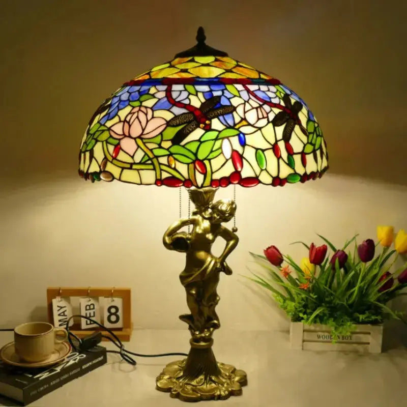 18inch 46cm Stained Glass Dragonfly Lotus Large Tiffany Style Table Lamps Classical Tiffany Lamp