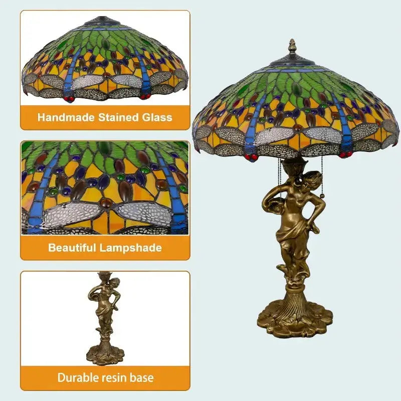 18inch 46cm Stained Glass Green Dragonfly Large Tiffany Style Table Lamps Classical Tiffany Lamp