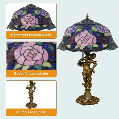 18inch 46cm Stained Glass Pink Rose Large Tiffany Style Table Lamps Classical Tiffany Lamp