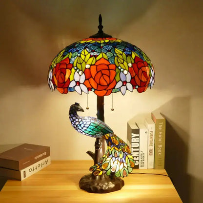 18inch Handmade Large Peacock Tiffany Style Lamp Rose Lampshade Desk Light Classical Tiffany Lamp