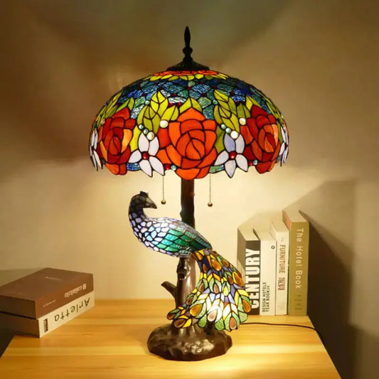 18inch Handmade Large Peacock Tiffany Style Lamp Rose Lampshade Desk Light Classical Tiffany Lamp