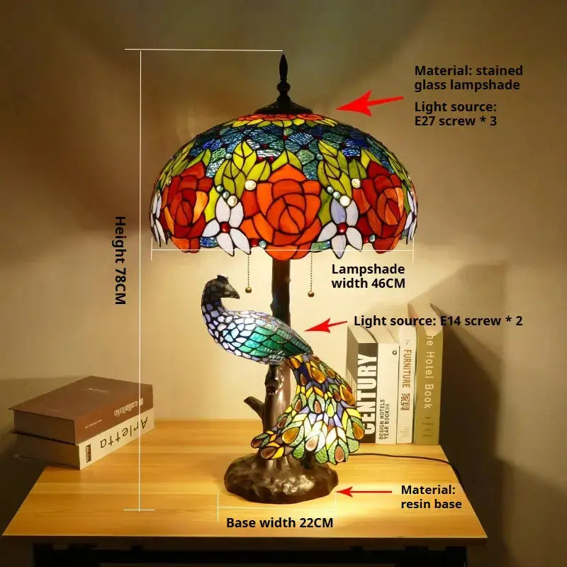 18inch Handmade Large Peacock Tiffany Style Lamp Rose Lampshade Desk Light Classical Tiffany Lamp