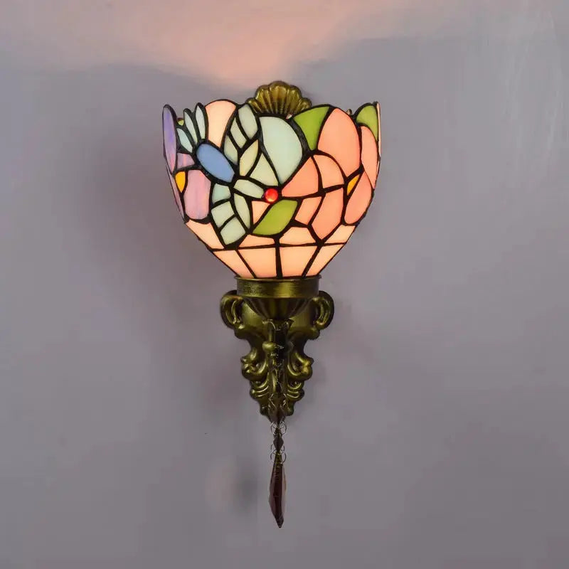 Mini Tiffany Glass Wall Sconces Stained Glass Crystal Floral Bird Wall Lamp Classical Tiffany Lamp