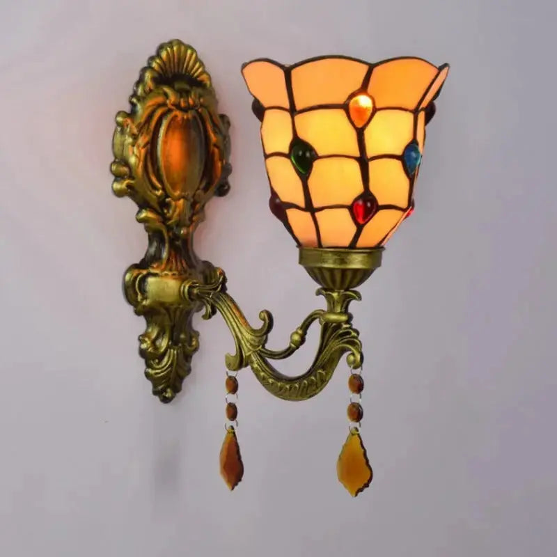 Tiffany Sconce Light Stained Glass Yellow Beads Lampshade Mini Wall Lamp Classical Tiffany Lamp
