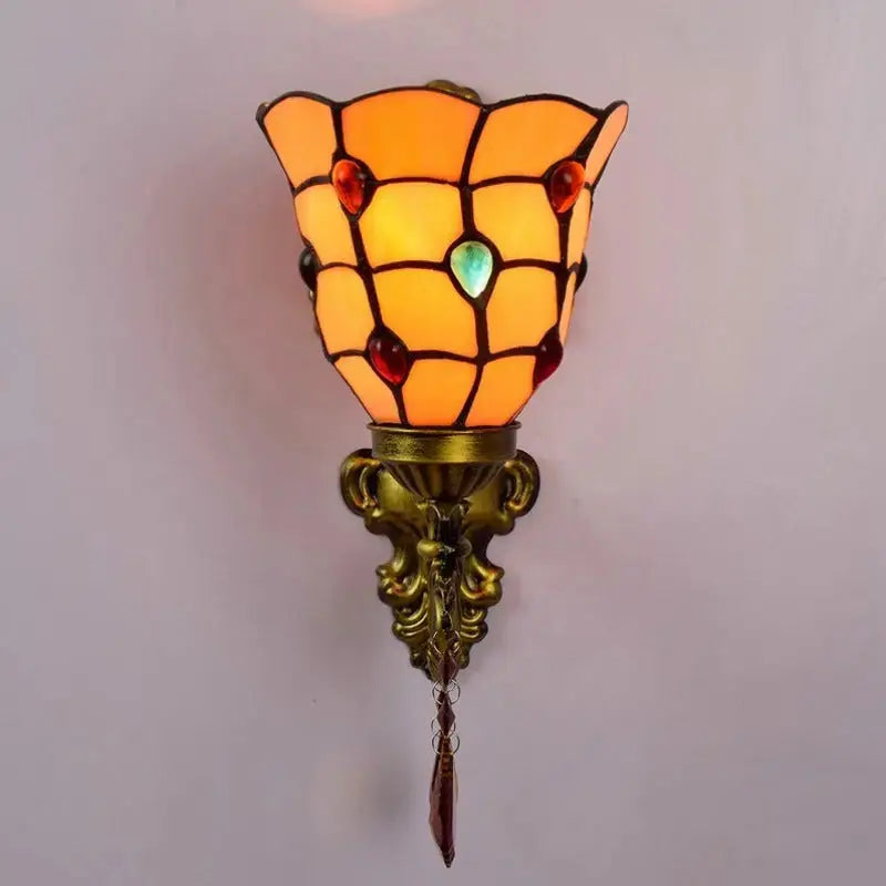 Tiffany Sconce Light Stained Glass Yellow Beads Lampshade Mini Wall Lamp Classical Tiffany Lamp