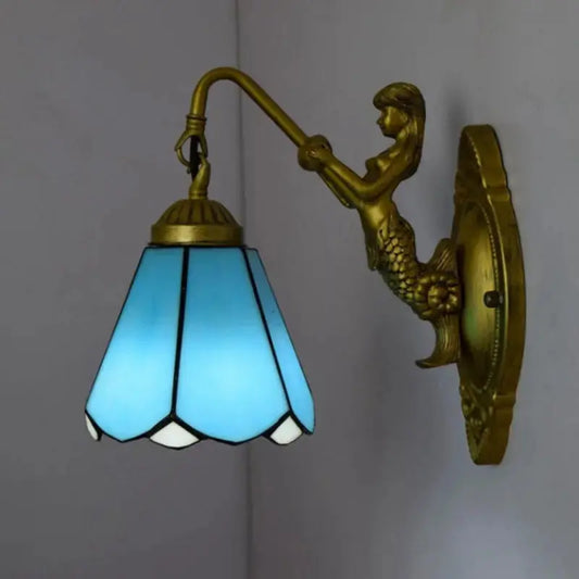 6inch Small Tiffany Wall Sconce with Stained Glass Blue Lampshade Classical Tiffany Lamp