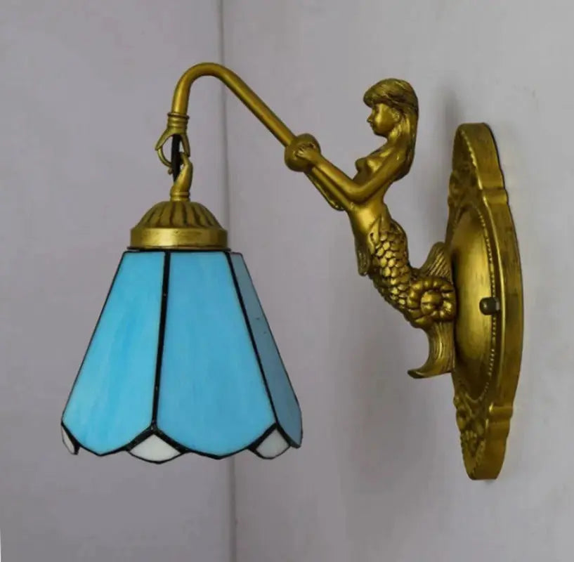 6inch Small Tiffany Wall Sconce with Stained Glass Blue Lampshade Classical Tiffany Lamp