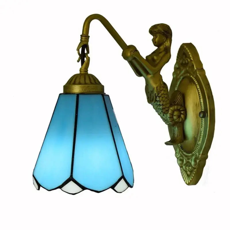 6inch Small Tiffany Wall Sconce with Stained Glass Blue Lampshade Classical Tiffany Lamp