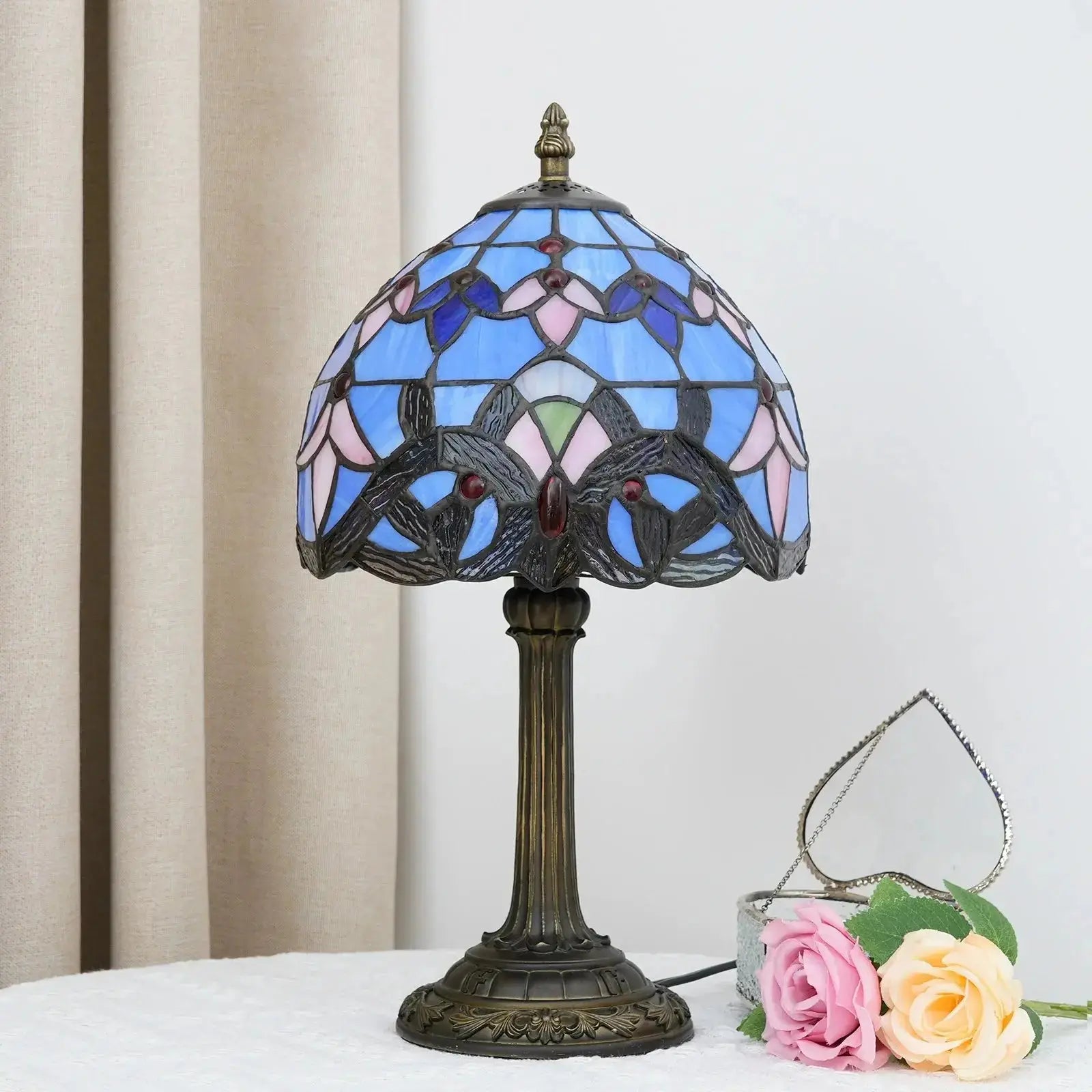 8inch Stained Glass Baroque Lampshade Tiffany Table Lamp Blue Desk Light Classical Tiffany Lamp