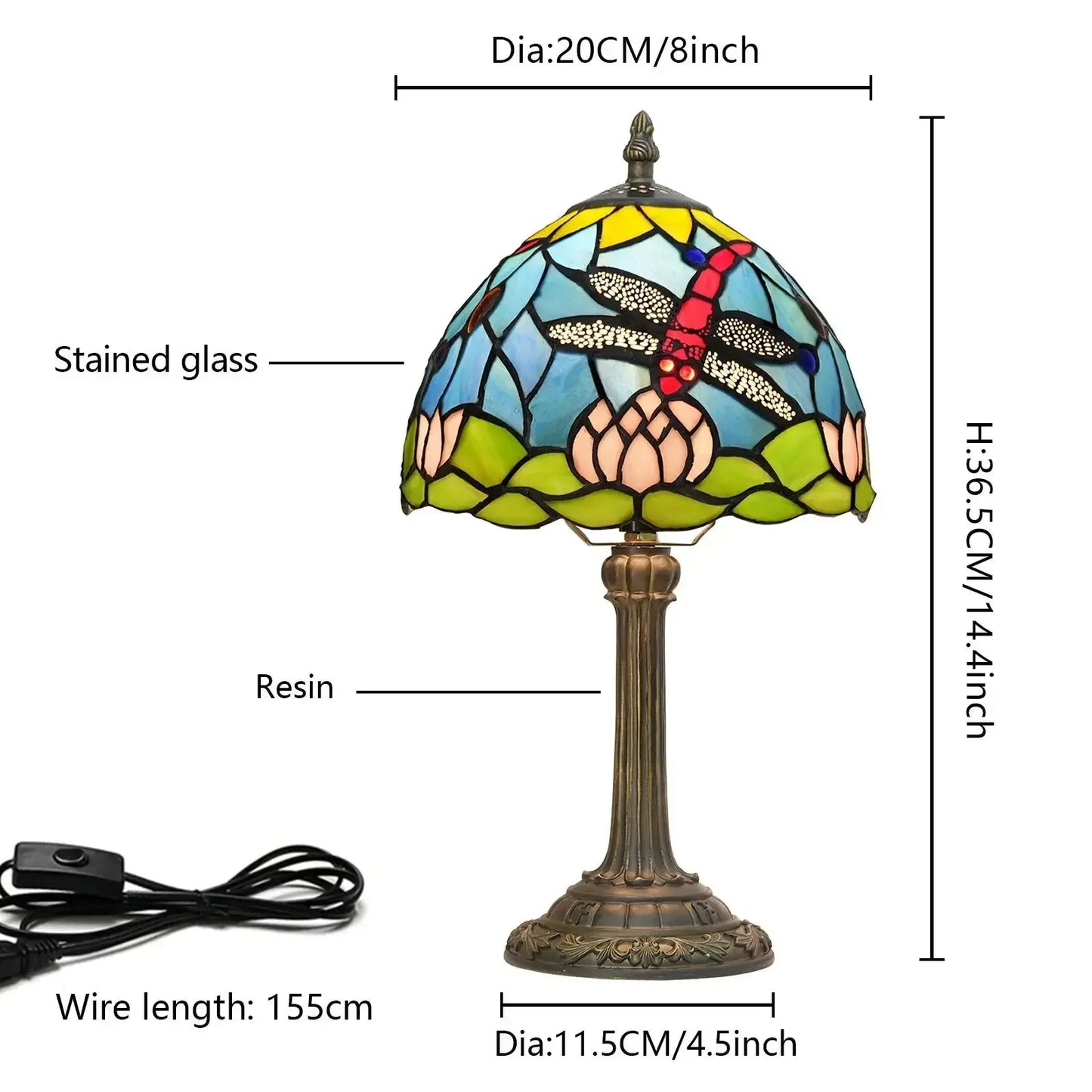 8inch 20cm Stained Glass Garden Lotus Lampshade Tiffany Dragonfly Table Lamp Classical Tiffany Lamp