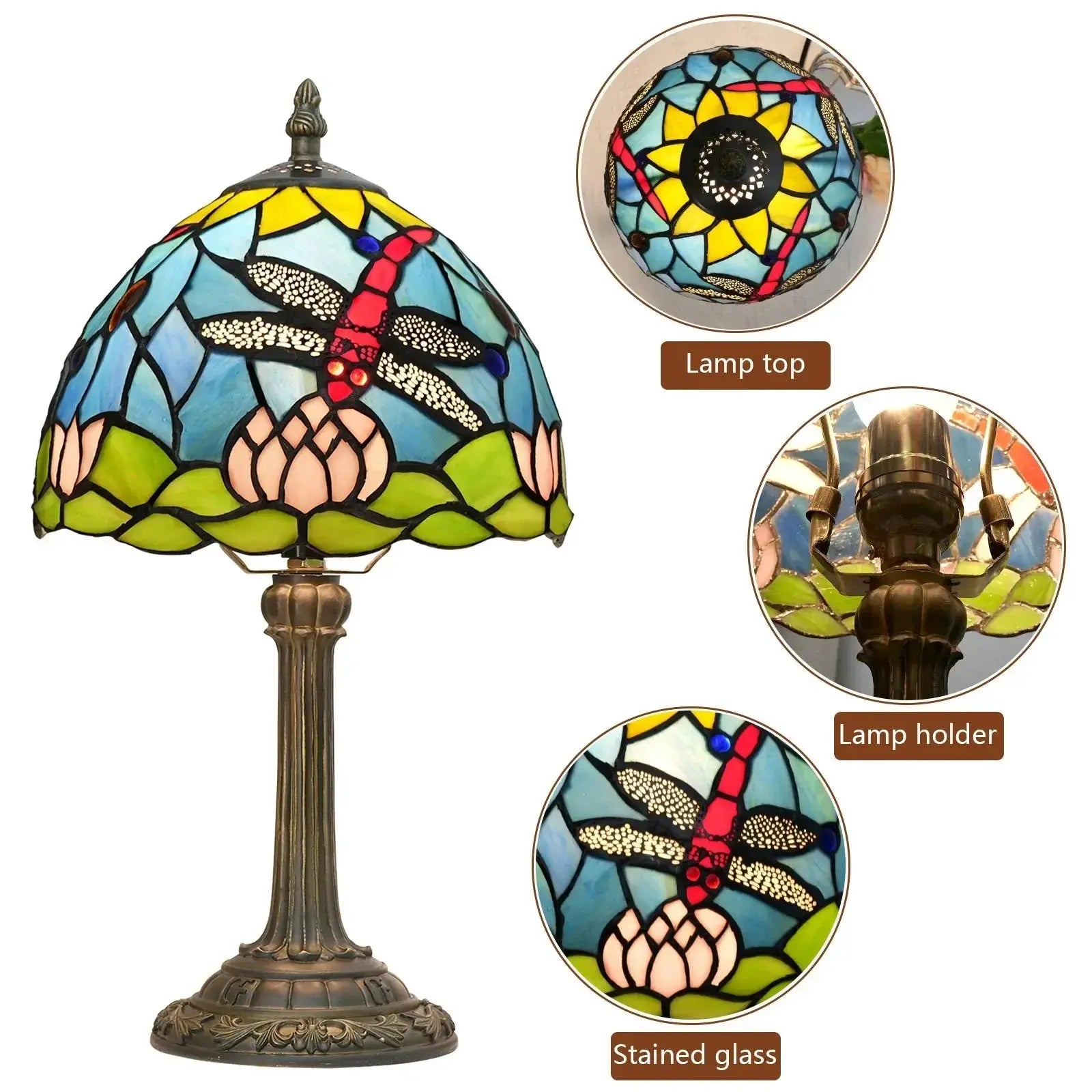 8inch 20cm Stained Glass Garden Lotus Lampshade Tiffany Dragonfly Table Lamp Classical Tiffany Lamp
