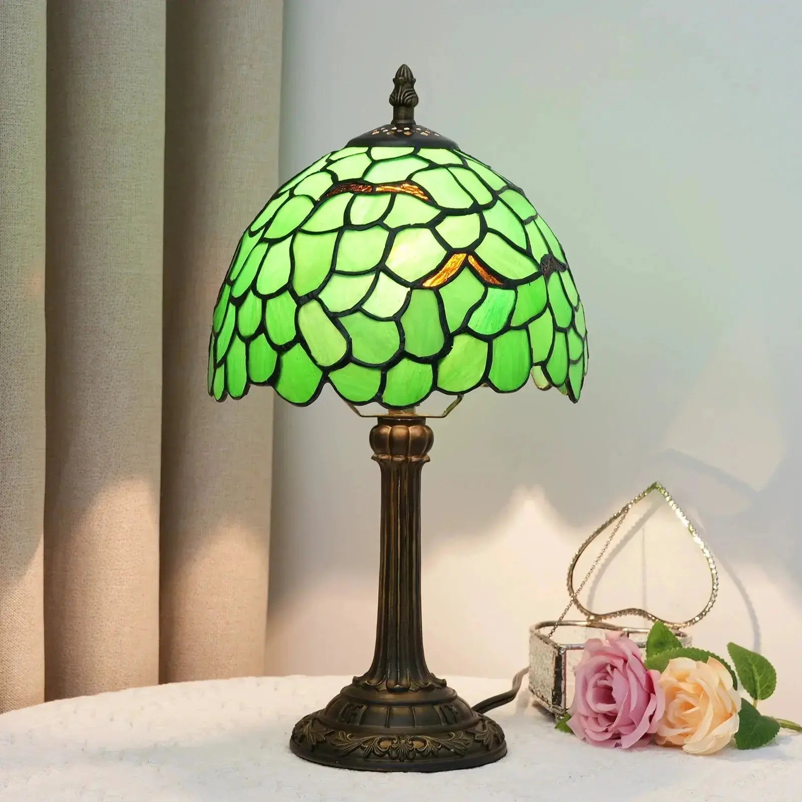 8inch Small Tiffany Table Lamps Stained Glass Green Leaf Bedside Light Classical Tiffany Lamp