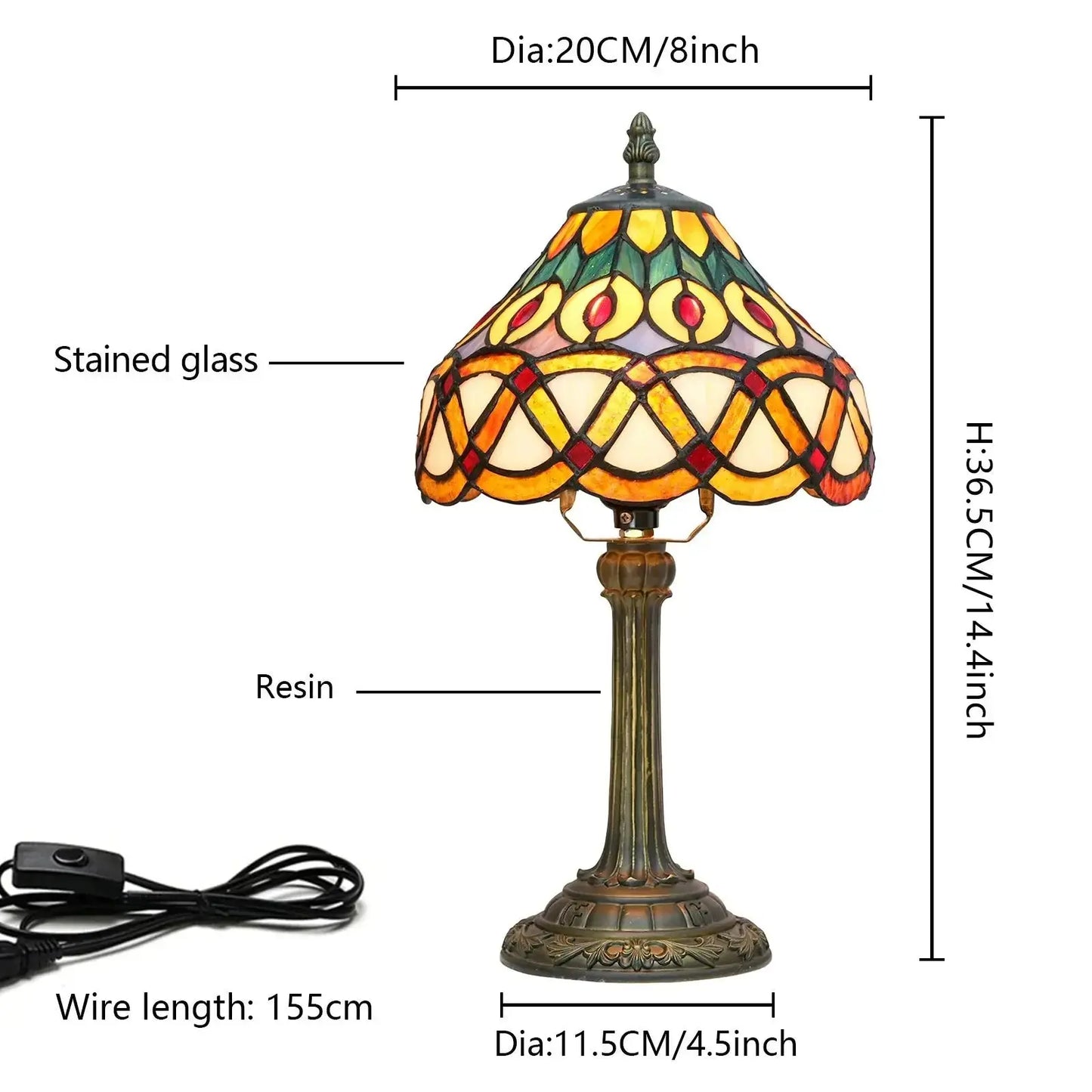 8inch Stained Glass Peacock Feather Lampshade Tiffany Style Bedside Table Lamps Classical Tiffany Lamp