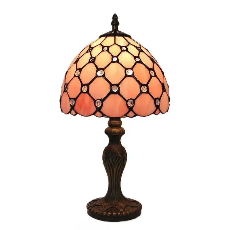 8inch Retro Stained Glass Desk Light Pearl Beads Lampshade Pink Tiffany Style Lamp Classical Tiffany Lamp