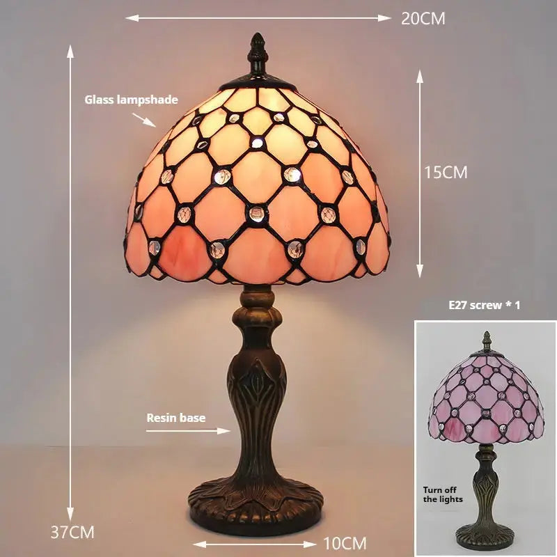 8inch Retro Stained Glass Desk Light Pearl Beads Lampshade Pink Tiffany Style Lamp Classical Tiffany Lamp
