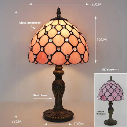 8inch Retro Stained Glass Desk Light Pearl Beads Lampshade Pink Tiffany Style Lamp Classical Tiffany Lamp