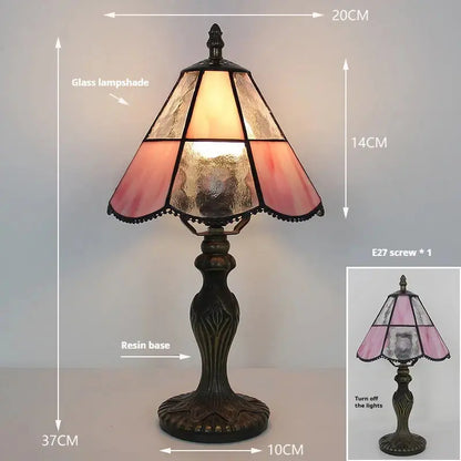 8inch Antique Stained Glass Table Lamp with Square Pink Diamond Lampshade Classical Tiffany Lamp