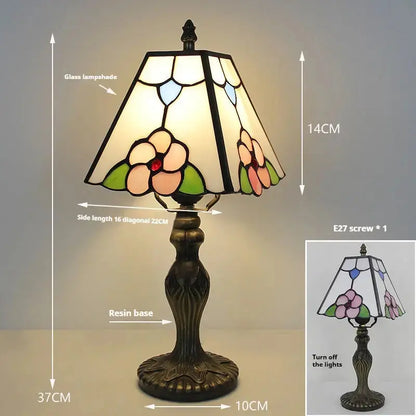 8inch Vintage Tiffany Square Lamp Desk Light with Stained Glass Beige Lampshade Classical Tiffany Lamp