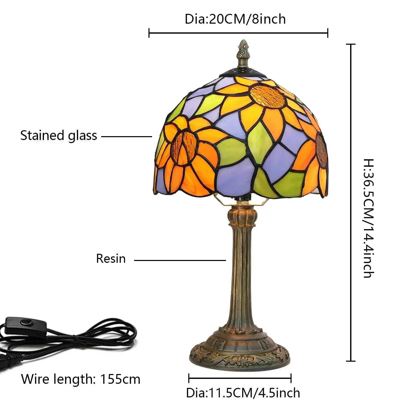 8inch Stained Glass Garden Lampshade Sunflower Tiffany Table Lamp Classical Tiffany Lamp