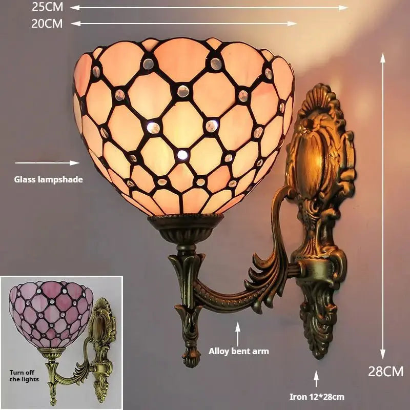 8inch Stained Glass Pastoral Pink Beads Tiffany Sconce Mid Century Wall Lamp Classical Tiffany Lamp