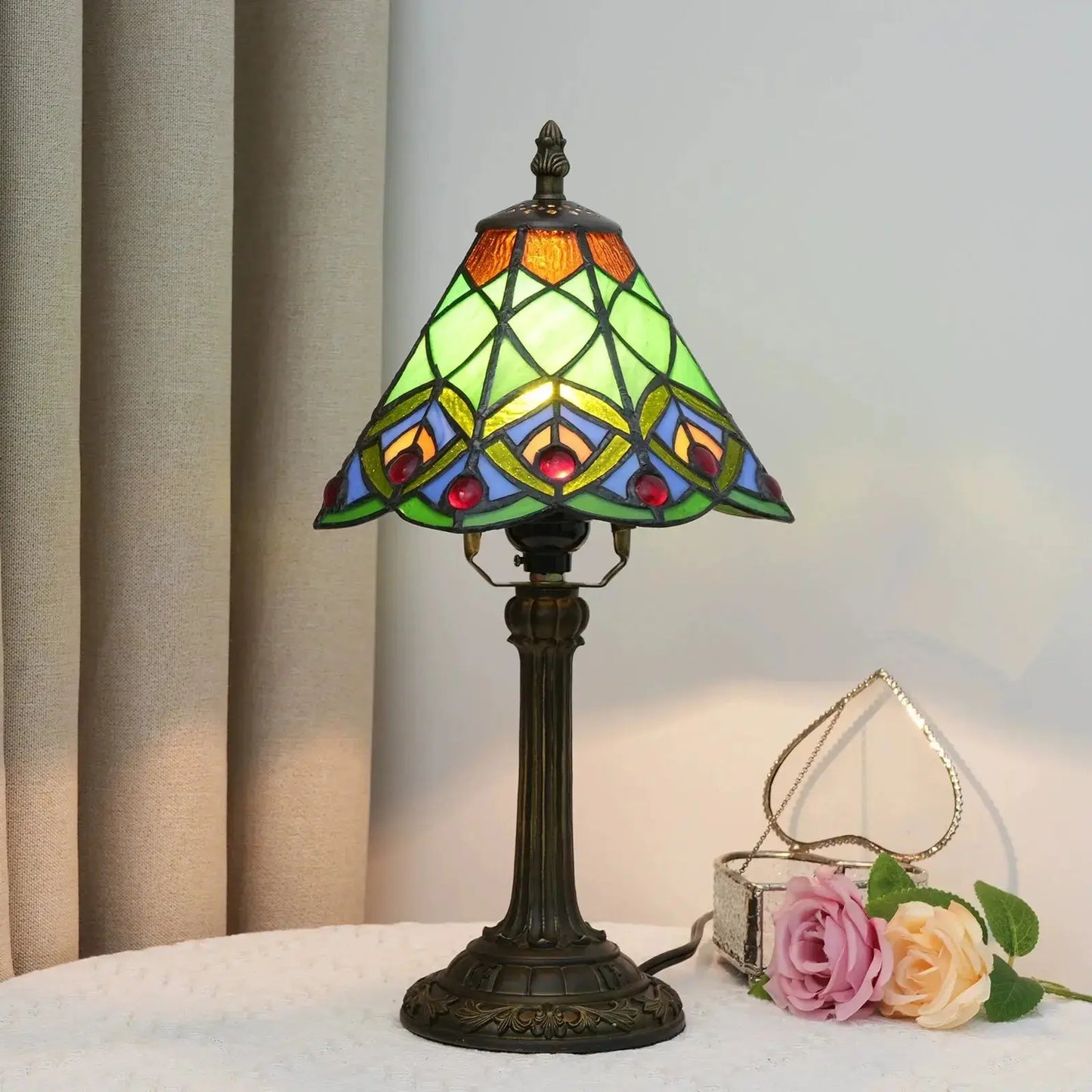 8inch Small Tiffany Table Lamps Stained Glass Green Beads Desk Light Classical Tiffany Lamp