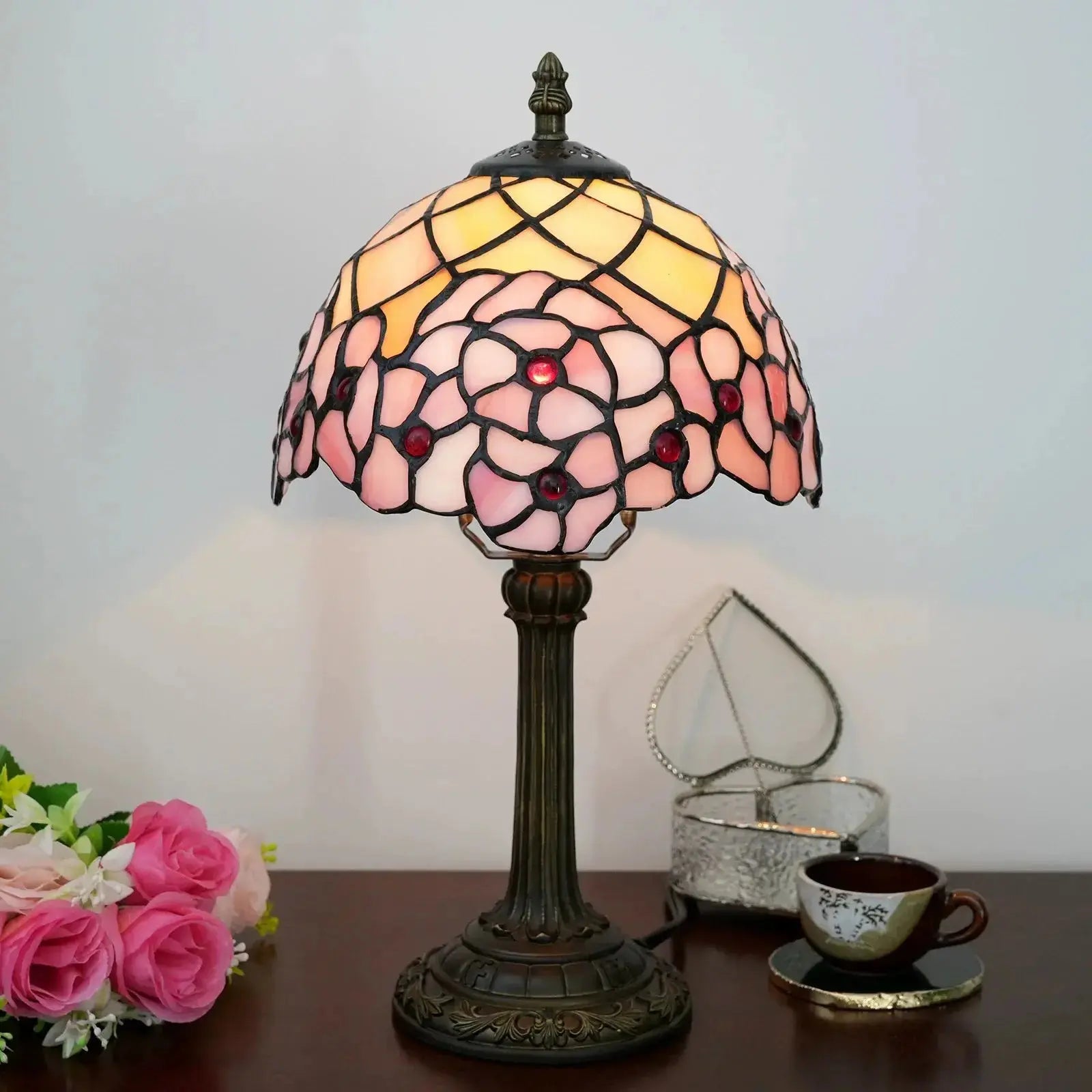 8inch Small Tiffany Table Lamps Stained Glass Pink Cherry Blossom Desk Light Classical Tiffany Lamp