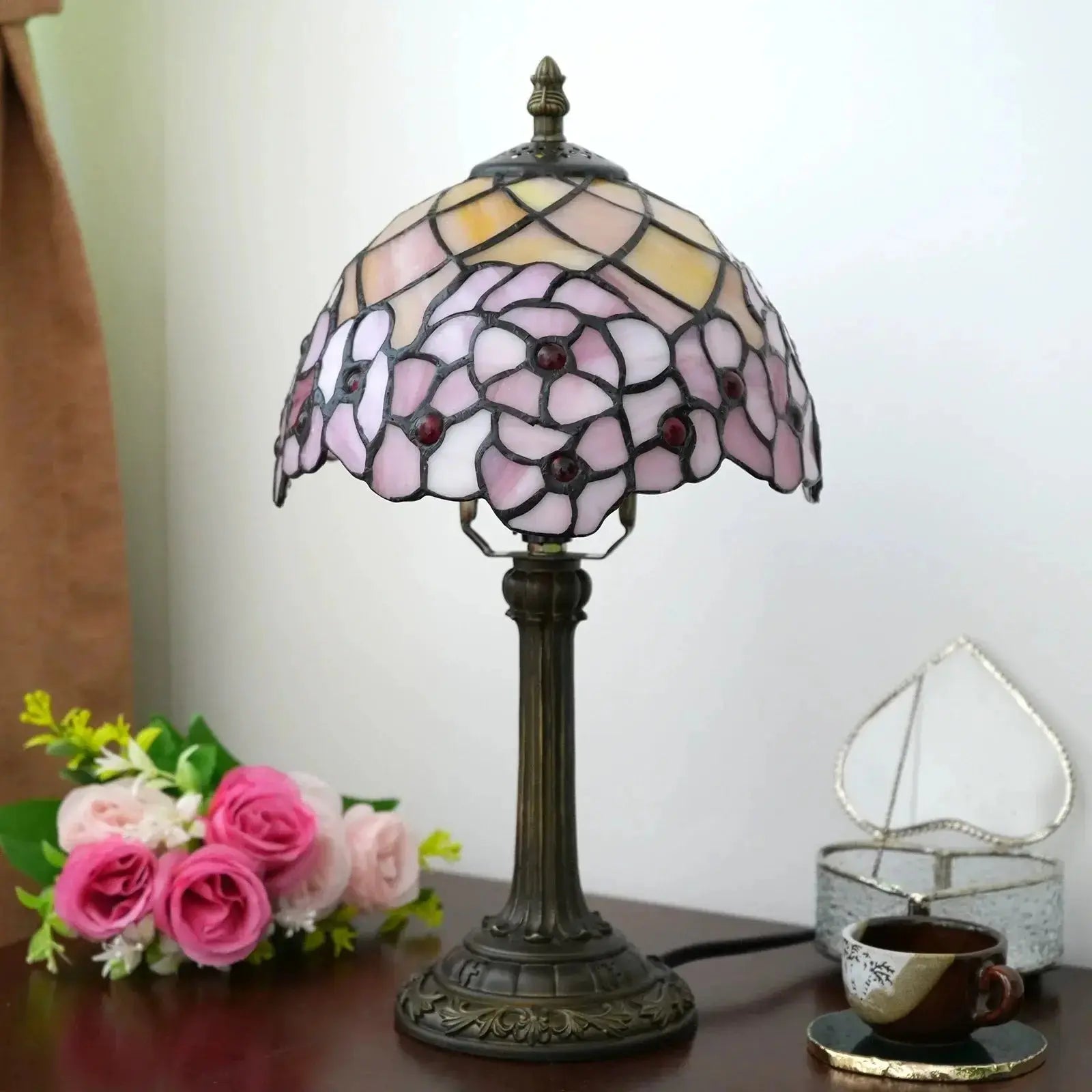 8inch Small Tiffany Table Lamps Stained Glass Pink Cherry Blossom Desk Light Classical Tiffany Lamp
