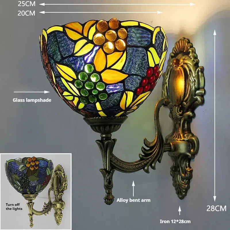 8inch Tiffany Style Outdoor Wall Lights Stained Glass Grapes Floral Lampshade Wall Sconce Classical Tiffany Lamp