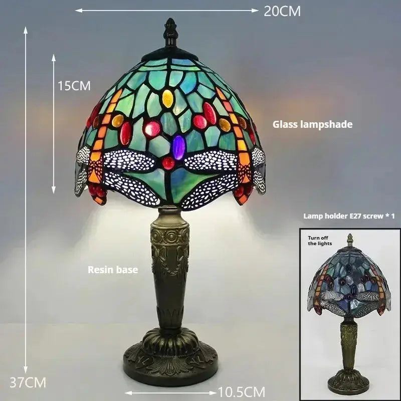 8inch Tiffany Dragonfly Table Lamp with Vintage Stained Glass Flower Lampshade Classical Tiffany Lamp