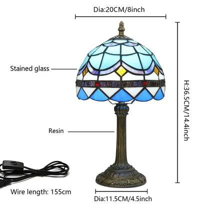 8inch Small Tiffany Style Lamp Stained Glass Blue Lampshade Vintage Desk Light Classical Tiffany Lamp