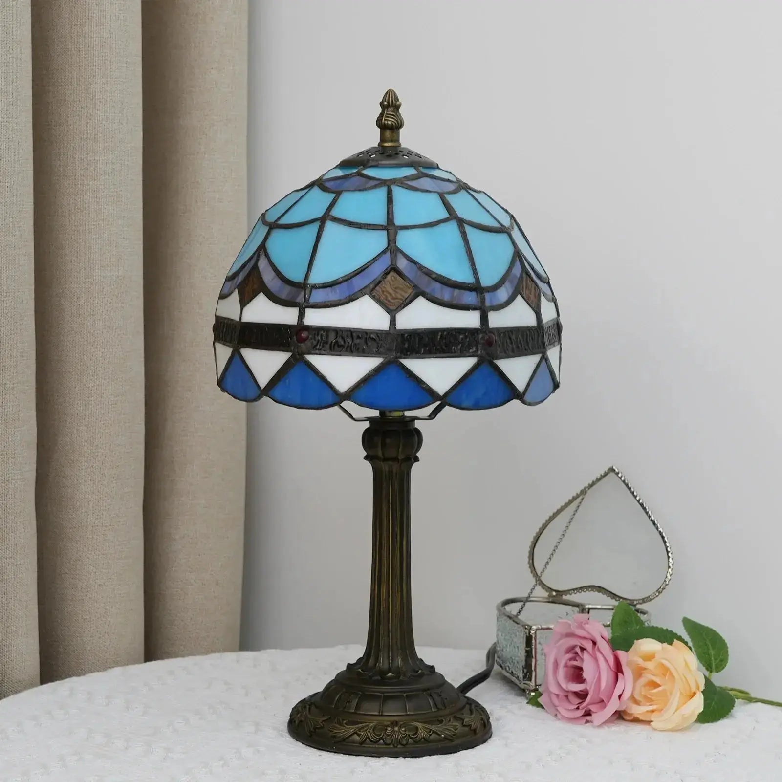 8inch Small Tiffany Style Lamp Stained Glass Blue Lampshade Vintage Desk Light Classical Tiffany Lamp