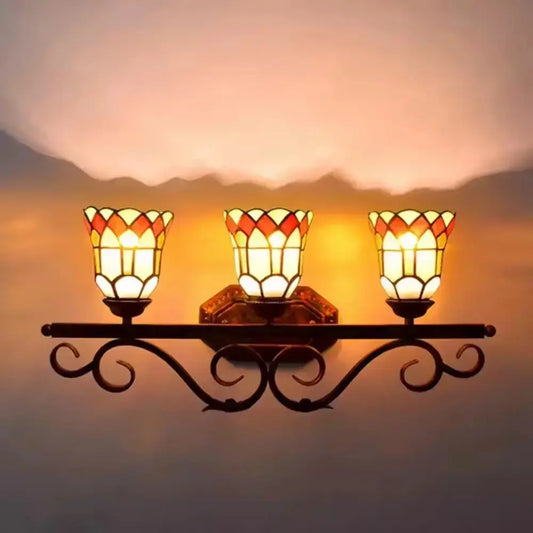 Antique Tiffany 3 Light Wall Sconce Stained Glass Floral Lampshade Wall Lamp Classical Tiffany Lamp