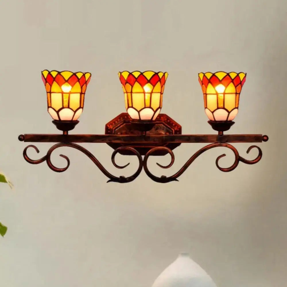 Antique Tiffany 3 Light Wall Sconce Stained Glass Floral Lampshade Wall Lamp Classical Tiffany Lamp