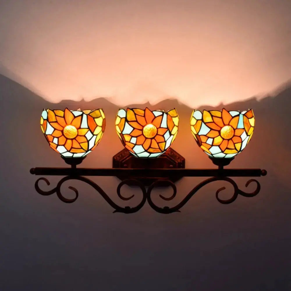 3 Light Wall Fixture Sconce with Sunflower Tiffany Stained Glass Lampshade Classical Tiffany Lamp